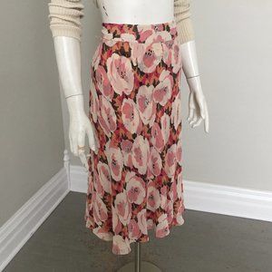 Cream rose pink coral orange brown gray silk floral print skirt JNY